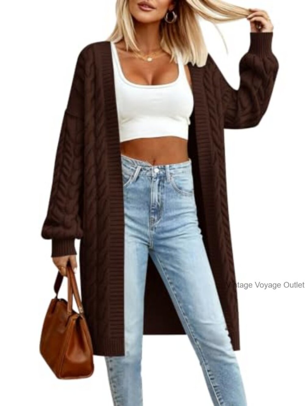 Cable Knit Open Front Long Cardigan Sweater with Pockets Chunky Knit Women